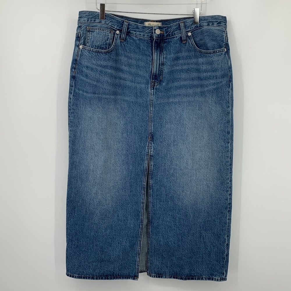 Madewell mid-rise denim maxi skirt blue front slit jean midi modest new 32 14